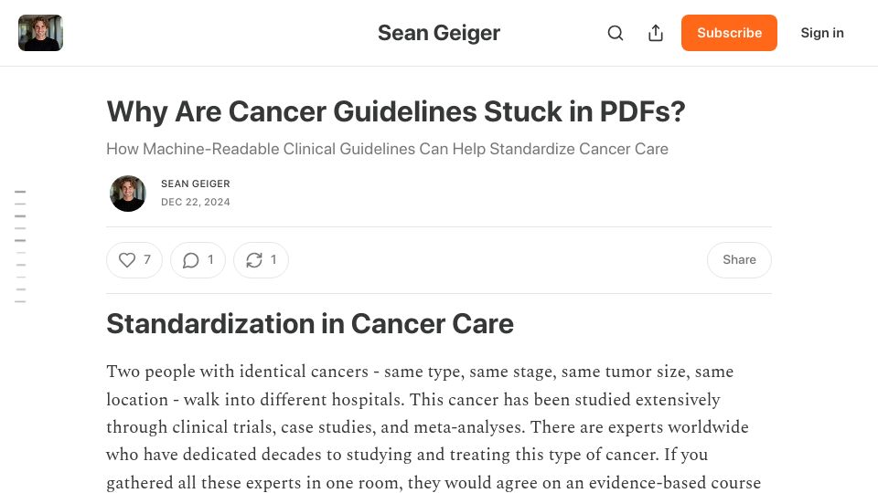 Screenshot of seangeiger.substack.com: Why are cancer guidelines stuck in PDFs?