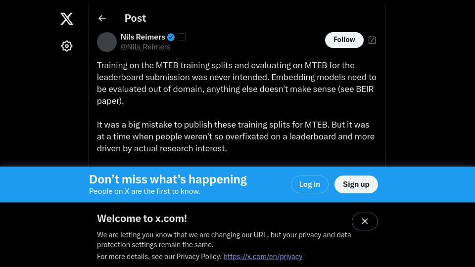 Screenshot of twitter.com: The MTEB benchmark is dead