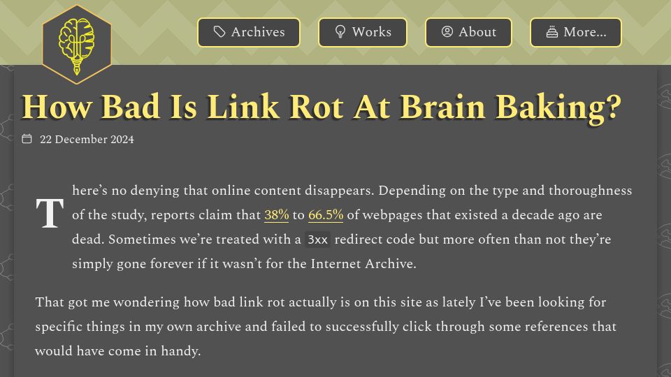 Screenshot of brainbaking.com: How Bad Is Link Rot at Brain Baking?