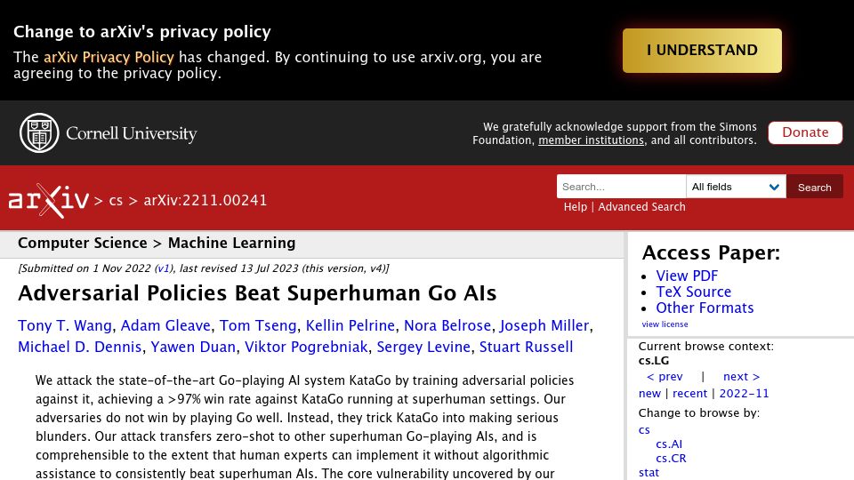 Screenshot of arxiv.org: Adversarial policies beat superhuman Go AIs (2023)