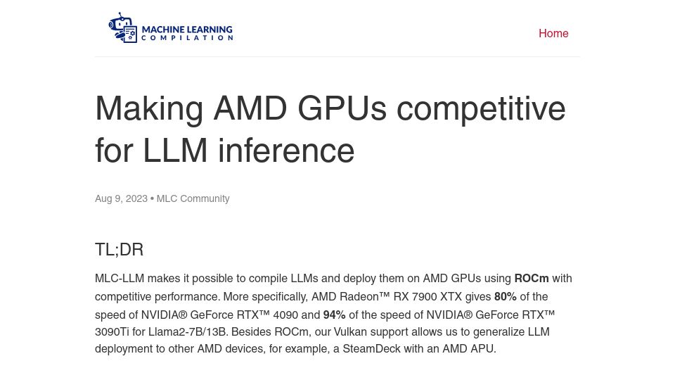 Screenshot of blog.mlc.ai: Making AMD GPUs competitive for LLM inference (2023)
