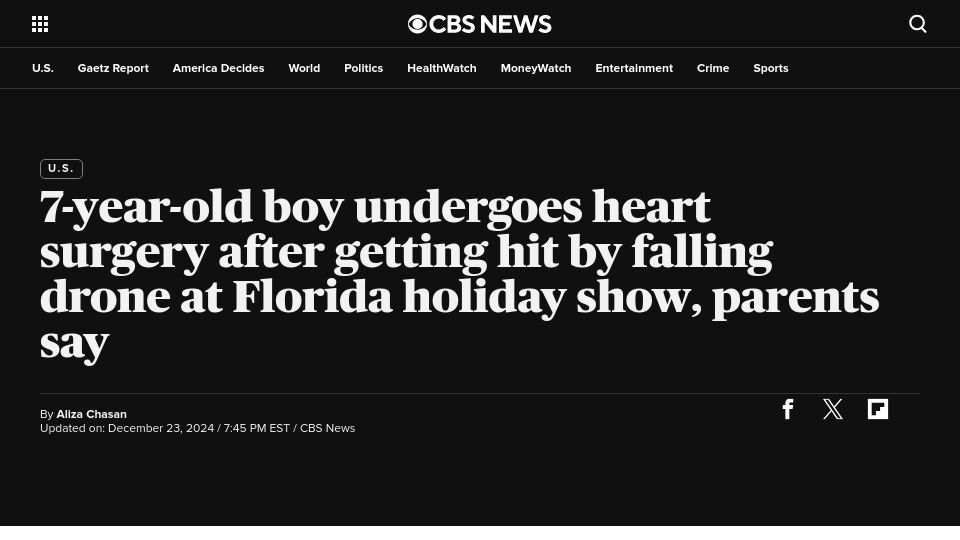 Screenshot of cbsnews.com: 7-year-old boy undergoes heart surgery after getting hit by falling drone