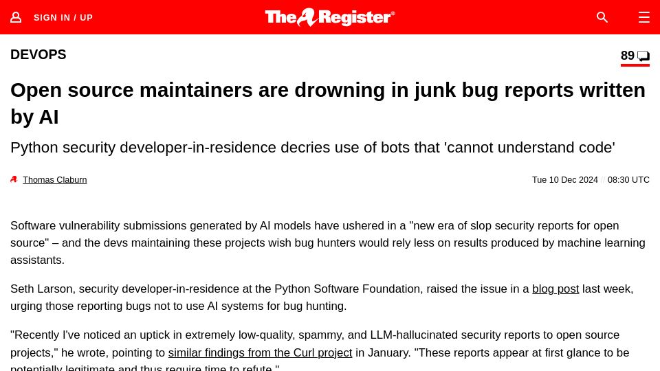 Screenshot of theregister.com: Open source maintainers are drowning in junk bug reports written by AI
