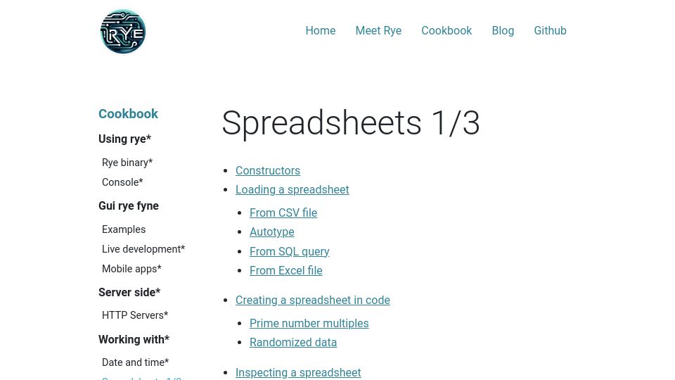Screenshot of ryelang.org: Spreadsheets 1/3 – Rye Language