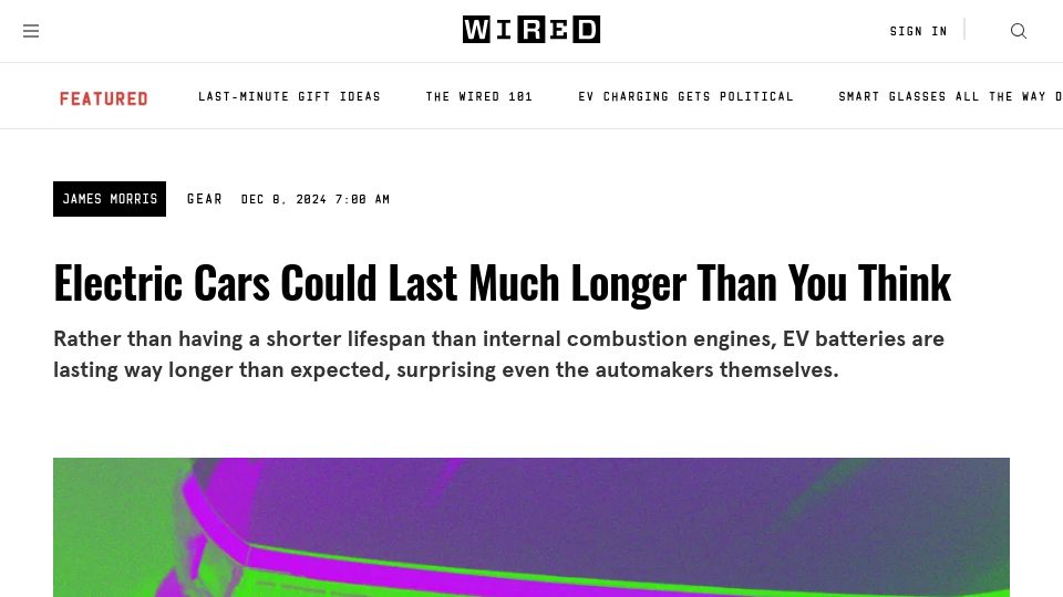 Screenshot of wired.com: Electric Cars Could Last Much Longer Than You Think