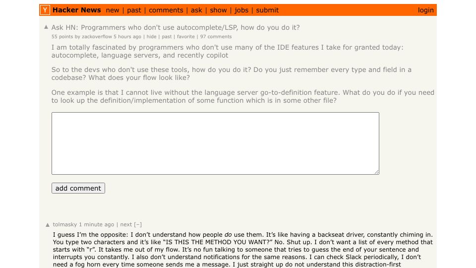 Screenshot of Hacker News post: Ask HN: Programmers who don't use autocomplete/LSP, how do you do it?