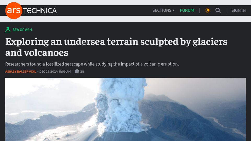 Screenshot of arstechnica.com: Exploring an undersea terrain sculpted by glaciers and volcanoes