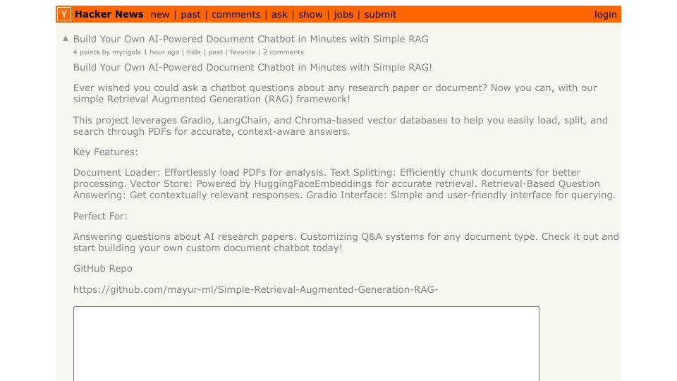 Screenshot of Hacker News post: Build Your Own AI-Powered Document Chatbot in Minutes with Simple RAG