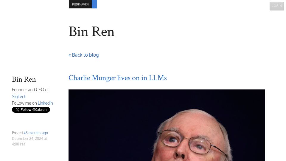 Screenshot of bren.blog: Charlie Munger's wisdom lives on in LLMs