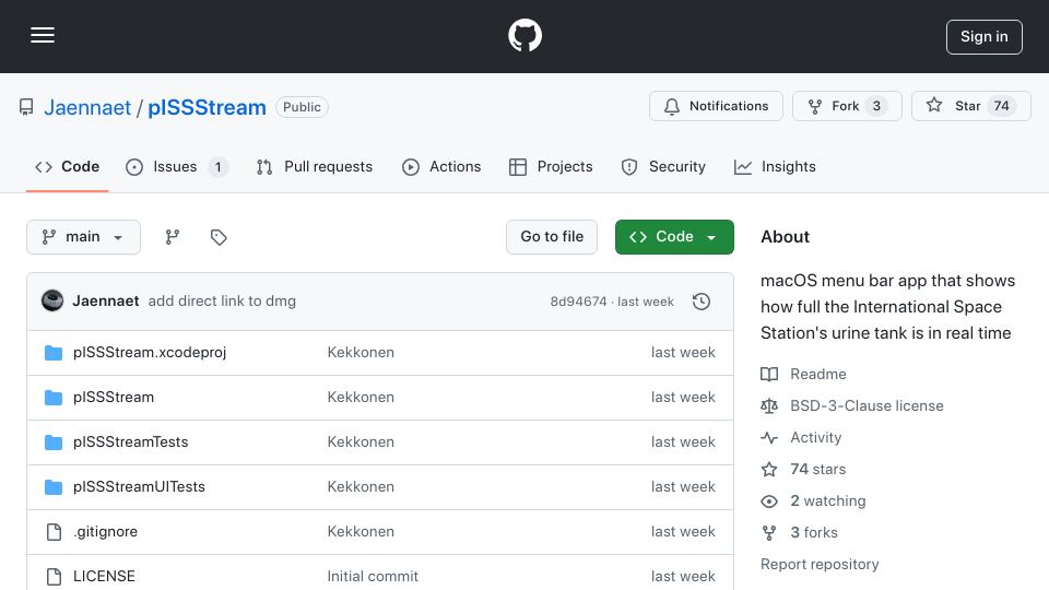 Screenshot of github.com: macOS menu bar app that shows how full the ISS urine tank is in real time