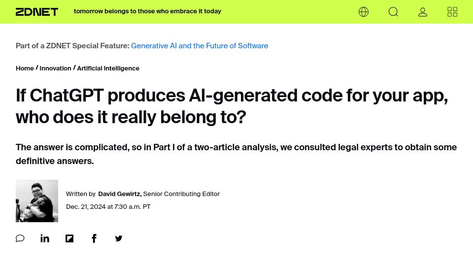 Screenshot of zdnet.com: If ChatGPT produces AI-generated code for your app, who does it belong to?