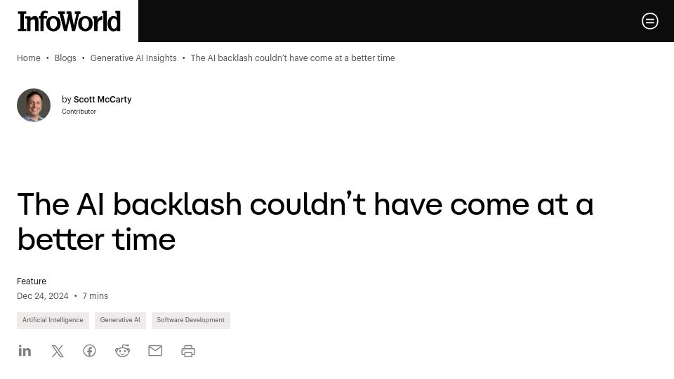 Screenshot of infoworld.com: The AI backlash couldn't have come at a better time