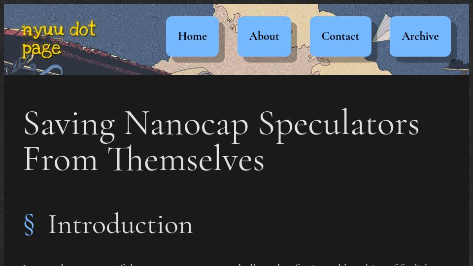 Screenshot of nyuu.page: Saving Nanocap Speculators from Themselves