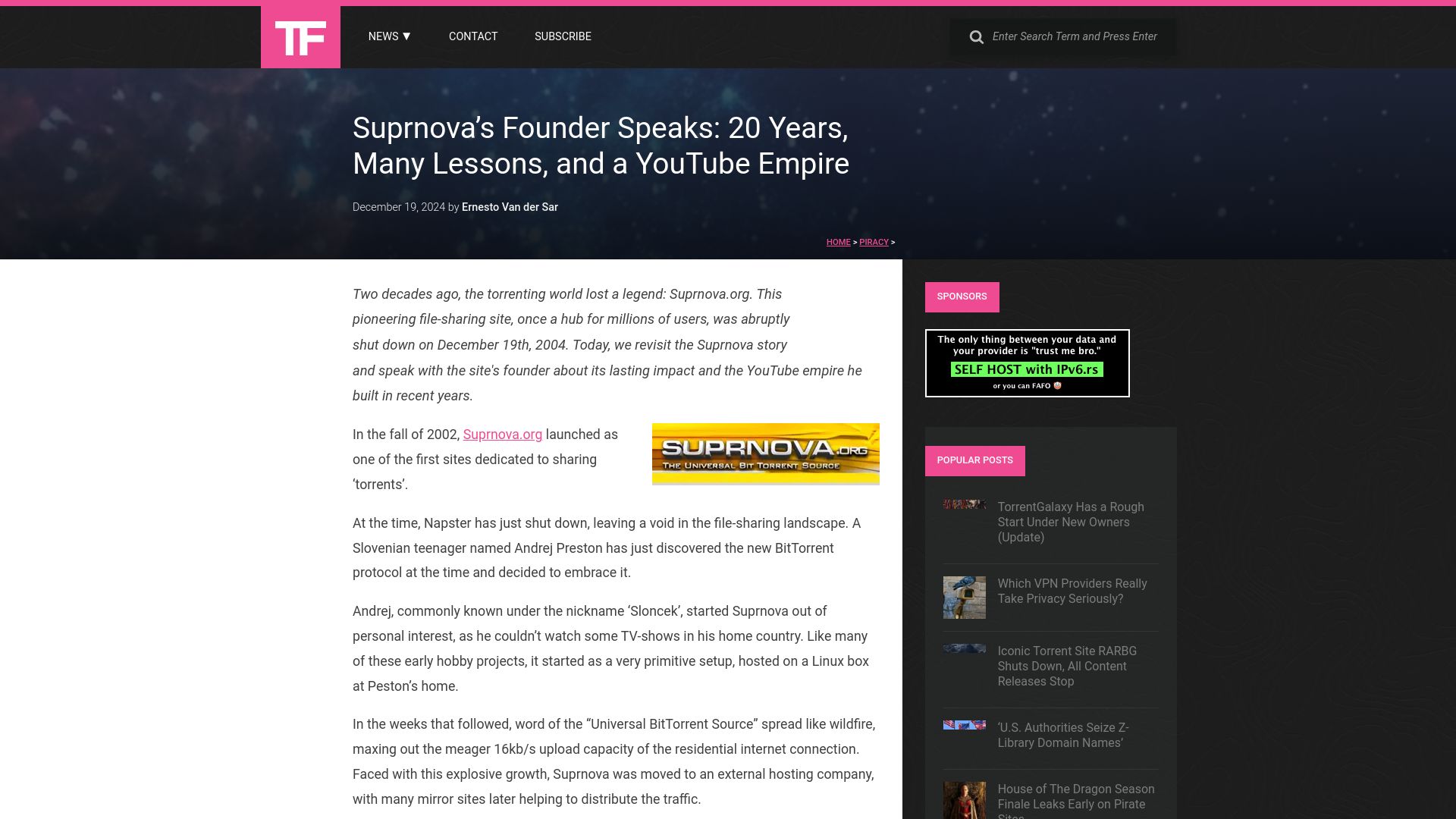 Screenshot of torrentfreak.com: Suprnova's Founder Speaks: 20 Years, Many Lessons, and a YouTube Empire