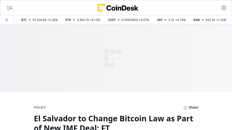 Screenshot of coindesk.com: El Salvador to Change Bitcoin Law as Part of New IMF Deal: Financial Times