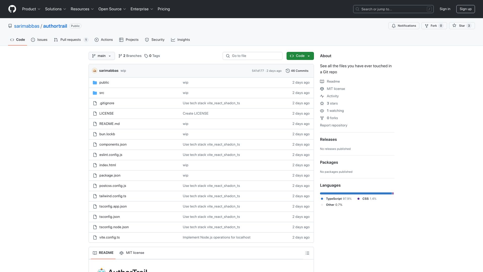Screenshot of github.com: Show HN: AuthorTrail – Browse files you've touched in a Git repo