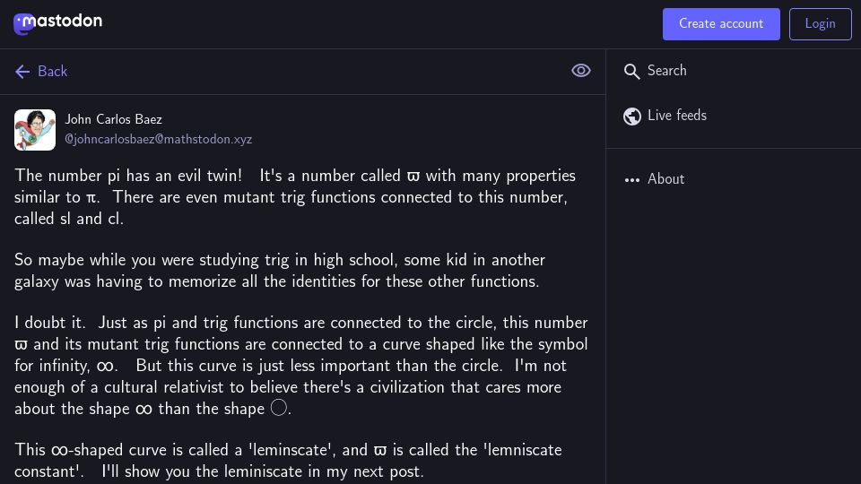 Screenshot of mathstodon.xyz: The number pi has an evil twin