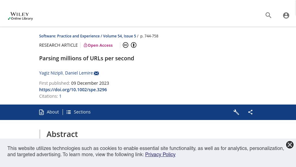 Screenshot of onlinelibrary.wiley.com: Parsing millions of URLs per Second (2023)
