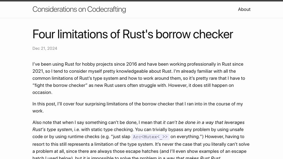 Screenshot of blog.polybdenum.com: Four limitations of Rust's borrow checker
