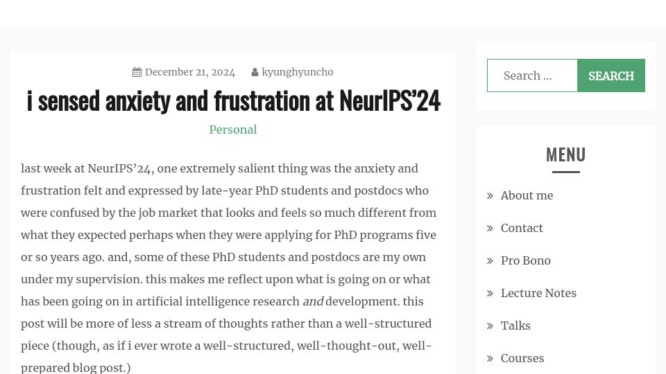 Screenshot of kyunghyuncho.me: I sensed anxiety and frustration at NeurIPS'24