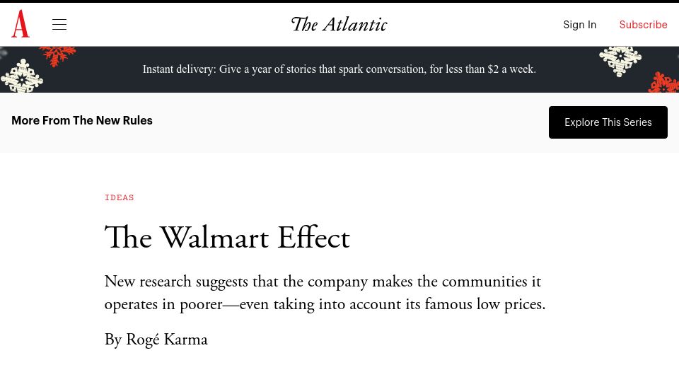 Screenshot of theatlantic.com: New research suggests that Walmart makes the communities it operates in poorer