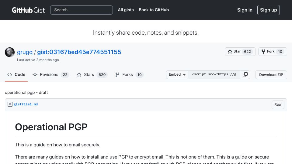 Screenshot of gist.github.com: Operational PGP