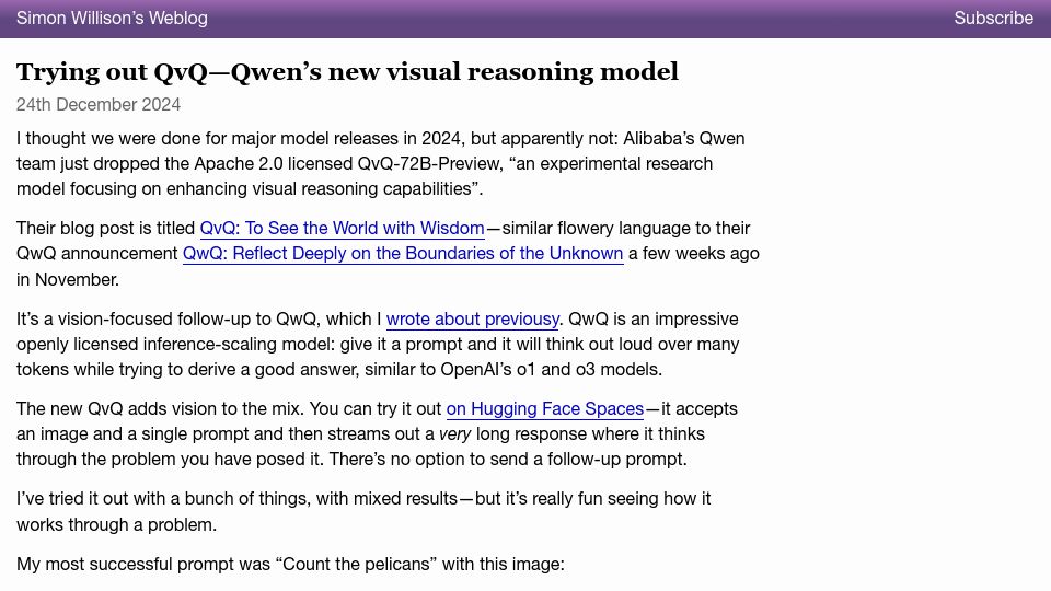 Screenshot of simonwillison.net: Trying out QvQ – Qwen's new visual reasoning model