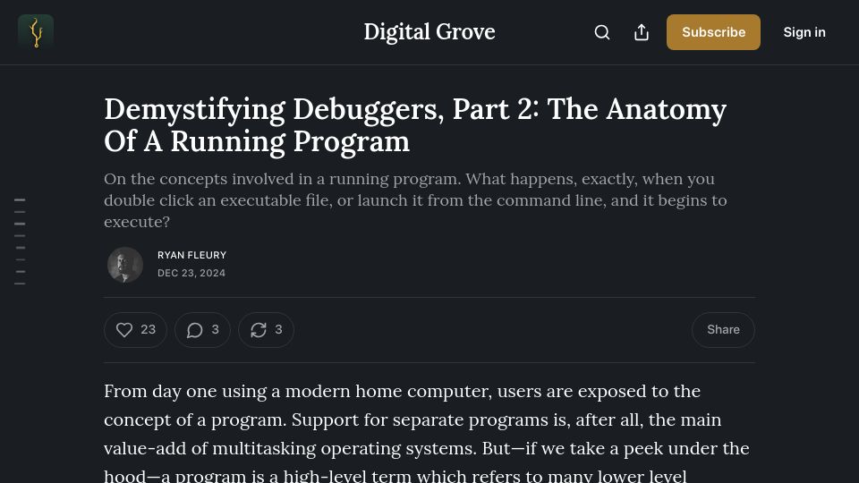 Screenshot of rfleury.com: Demystifying Debuggers, Part 2: The Anatomy of a Running Program