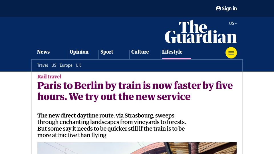 Screenshot of theguardian.com: Paris to Berlin by train is now faster by five hours