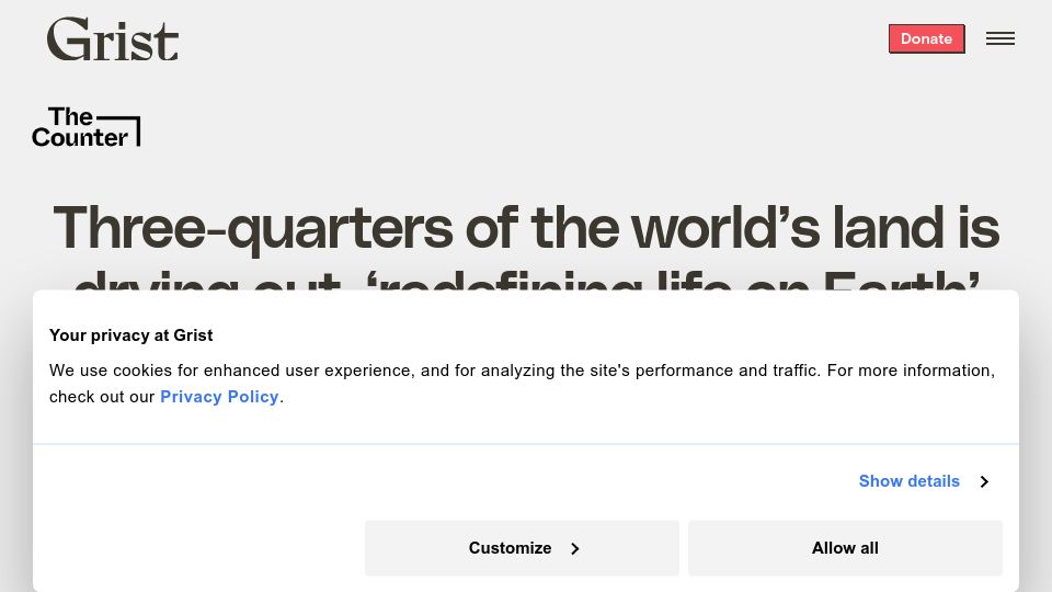 Screenshot of grist.org: Three-quarters of the land is drying out, 'redefining life on Earth'