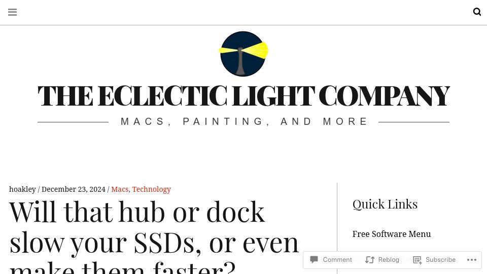 Screenshot of eclecticlight.co: Will that hub or dock slow your SSDs, or even make them faster?