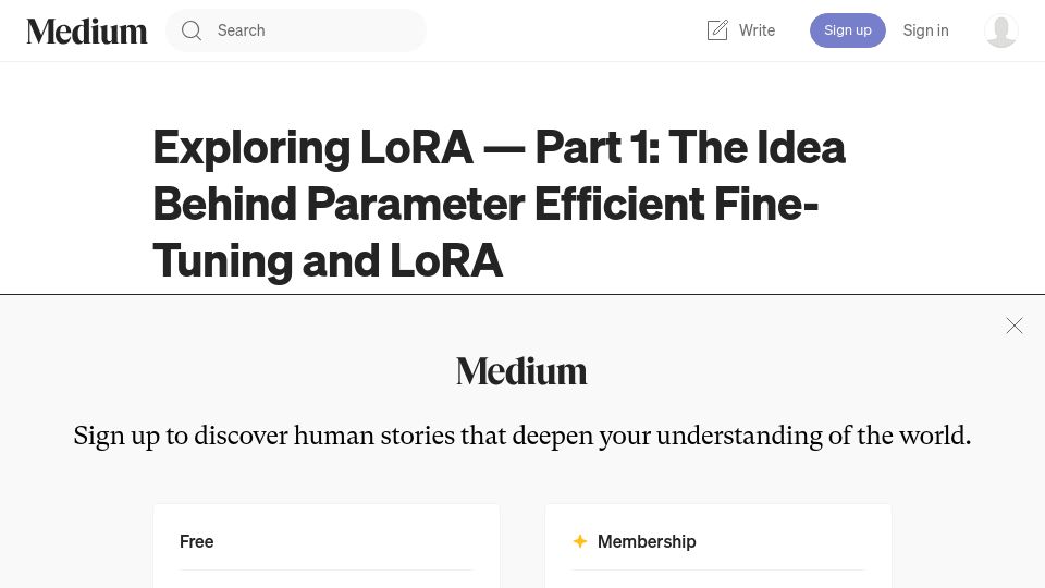 Screenshot of medium.com: Exploring LoRA – Part 1: The Idea Behind Parameter Efficient Fine-Tuning