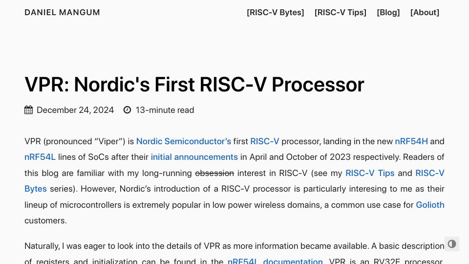 Screenshot of danielmangum.com: VPR: Nordic's First RISC-V Processor