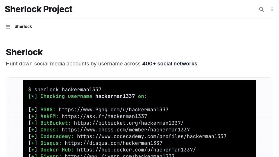 Screenshot of sherlockproject.xyz: Sherlock: Hunt down social media accounts by username across 400 social networks