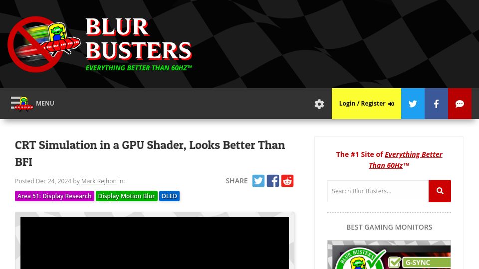Screenshot of blurbusters.com: CRT Simulation in a GPU Shader, Looks Better Than Black Frame Insertion