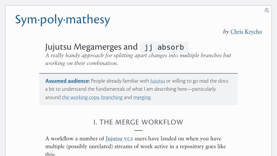 Screenshot of v5.chriskrycho.com: Jujutsu Megamerges and jj Absorb