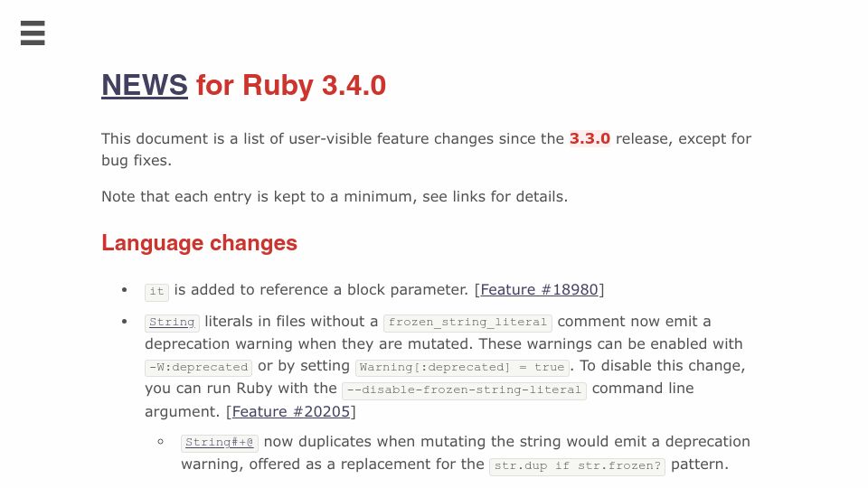Screenshot of docs.ruby-lang.org: News for Ruby 3.4.0