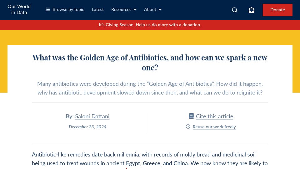 Screenshot of ourworldindata.org: What was the Golden Age of Antibiotics, and how can we spark a new one?