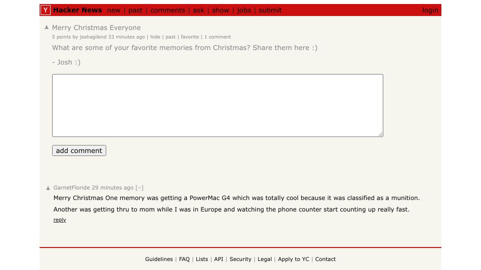 Screenshot of Hacker News post: Merry Christmas Everyone