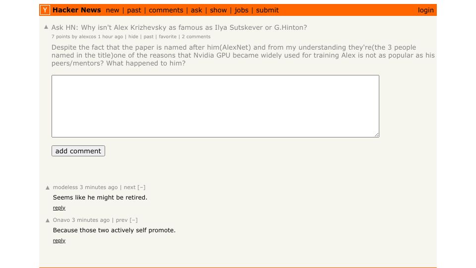 Screenshot of Hacker News post: Ask HN: Why isn't Alex Krizhevsky as famous as Ilya Sutskever or G.Hinton?