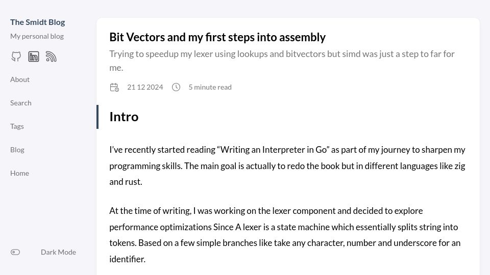 Screenshot of blog.smidt.dev: Bit Vectors and my first steps into assembly