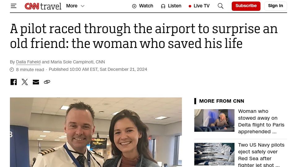 Screenshot of cnn.com: A pilot raced through the airport to surprise the woman who saved his life