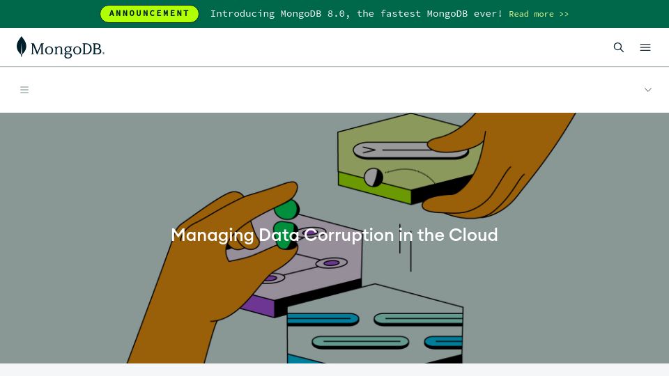 Screenshot of mongodb.com: Managing Data Corruption in the Cloud
