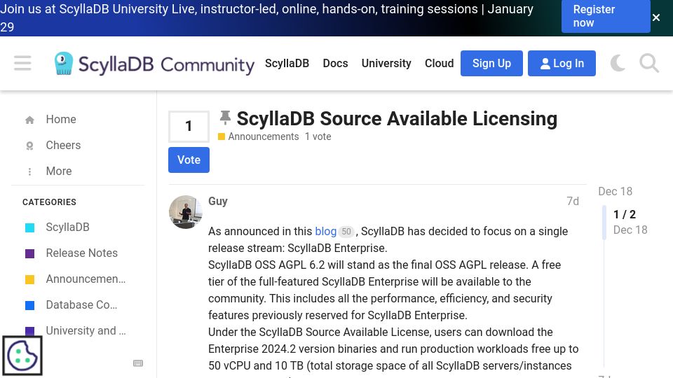 Screenshot of forum.scylladb.com: ScyllaDB no longer open source