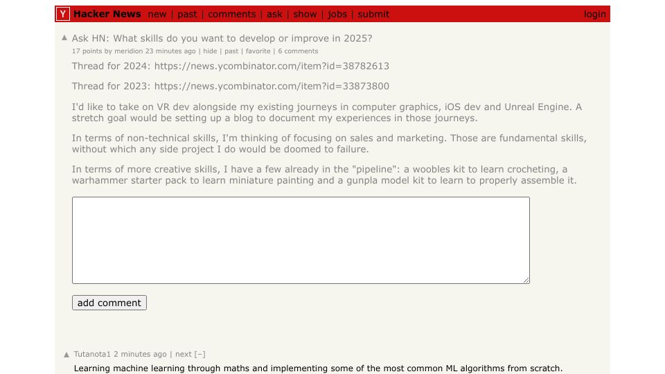Screenshot of Hacker News post: Ask HN: What skills do you want to develop or improve in 2025?