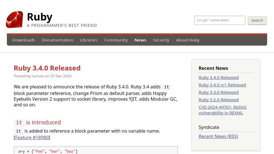 Screenshot of ruby-lang.org: Ruby 3.4.0