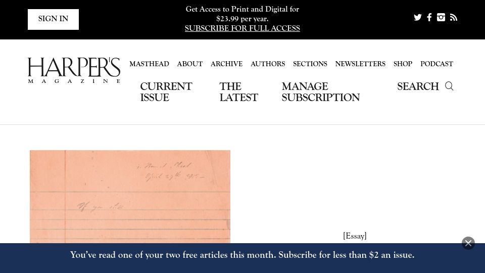 Screenshot of harpers.org: Voices from the Dead Letter Office