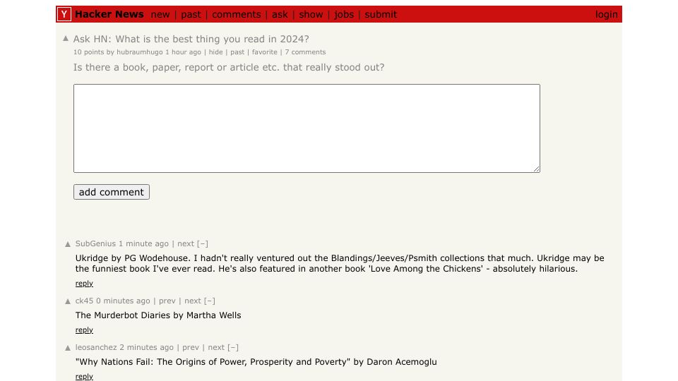 Screenshot of Hacker News post: Ask HN: What is the best thing you read in 2024?