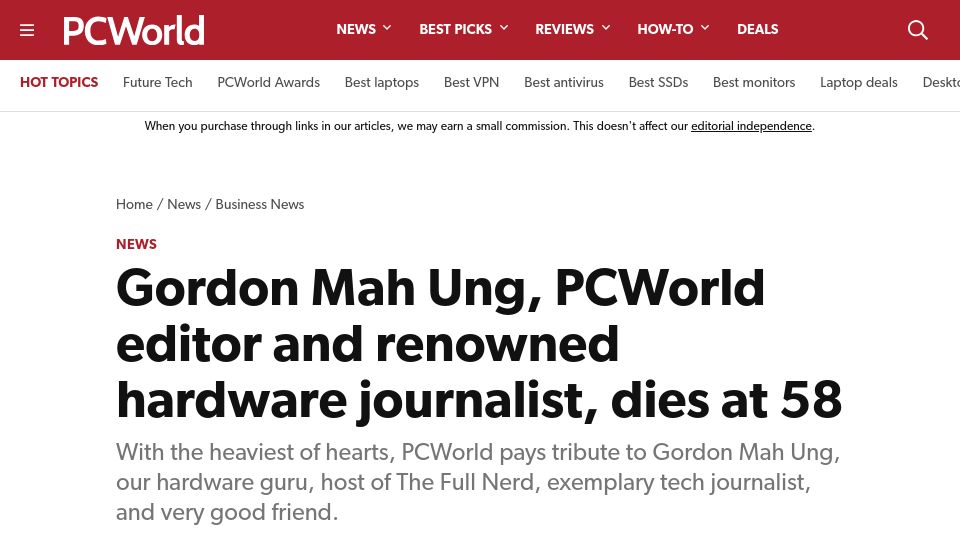 Screenshot of pcworld.com: Gordon Mah Ung has died