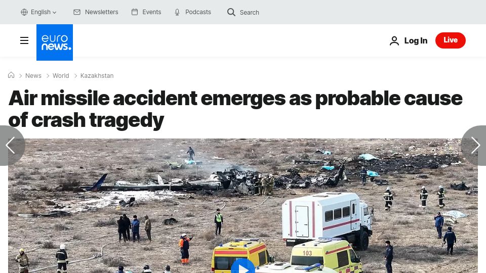 Screenshot of euronews.com: Air missile accident emerges as probable cause of Azerbaijan E190tragedy
